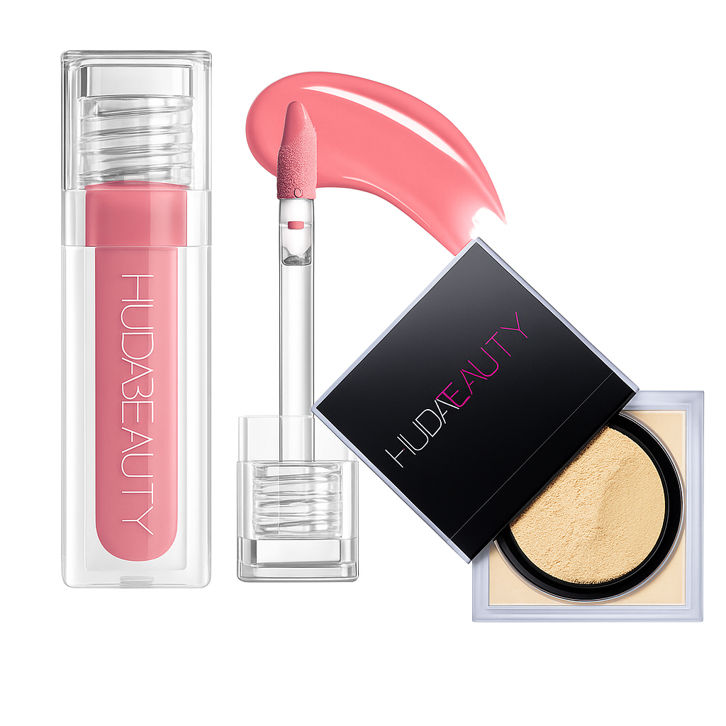 Huda Beauty Lip Gloss & Easy Bake Powder Duo β Perfect Glam Combo! πβ¨