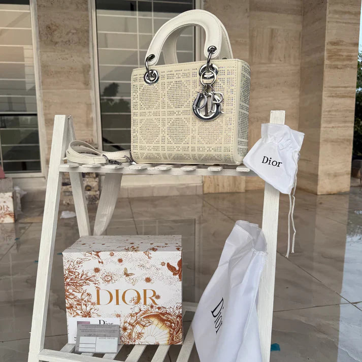 Christian dior Lady Dior Bag(WHITE cannage silk with crystal bead embroidery)