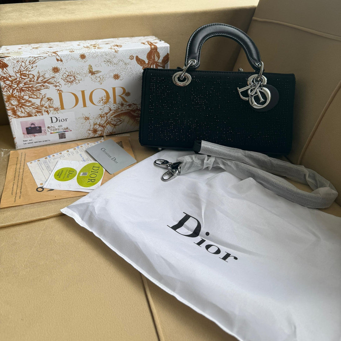 Christian dior Lady Dior Bag(BLACK  cannage silk with crystal bead embroidery)