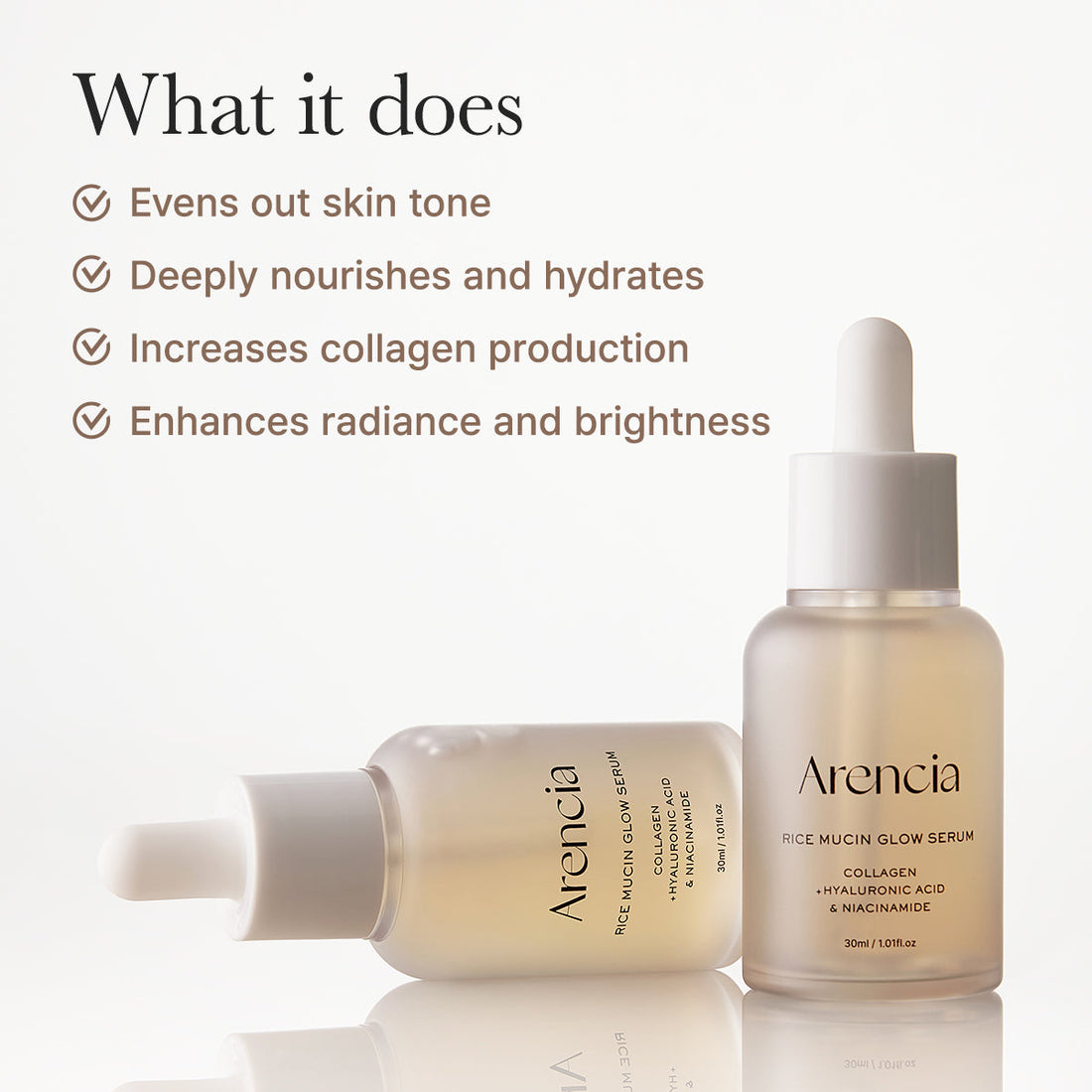 Arencia Rice Mucin Glow Serum, Collagen + Hyaluronic Acid & Niacinamide 30ml